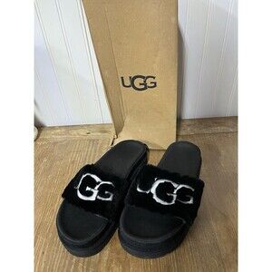Ugg Laton Fur Slide Sandal In Black With White Women’s Size 8 W/ Box